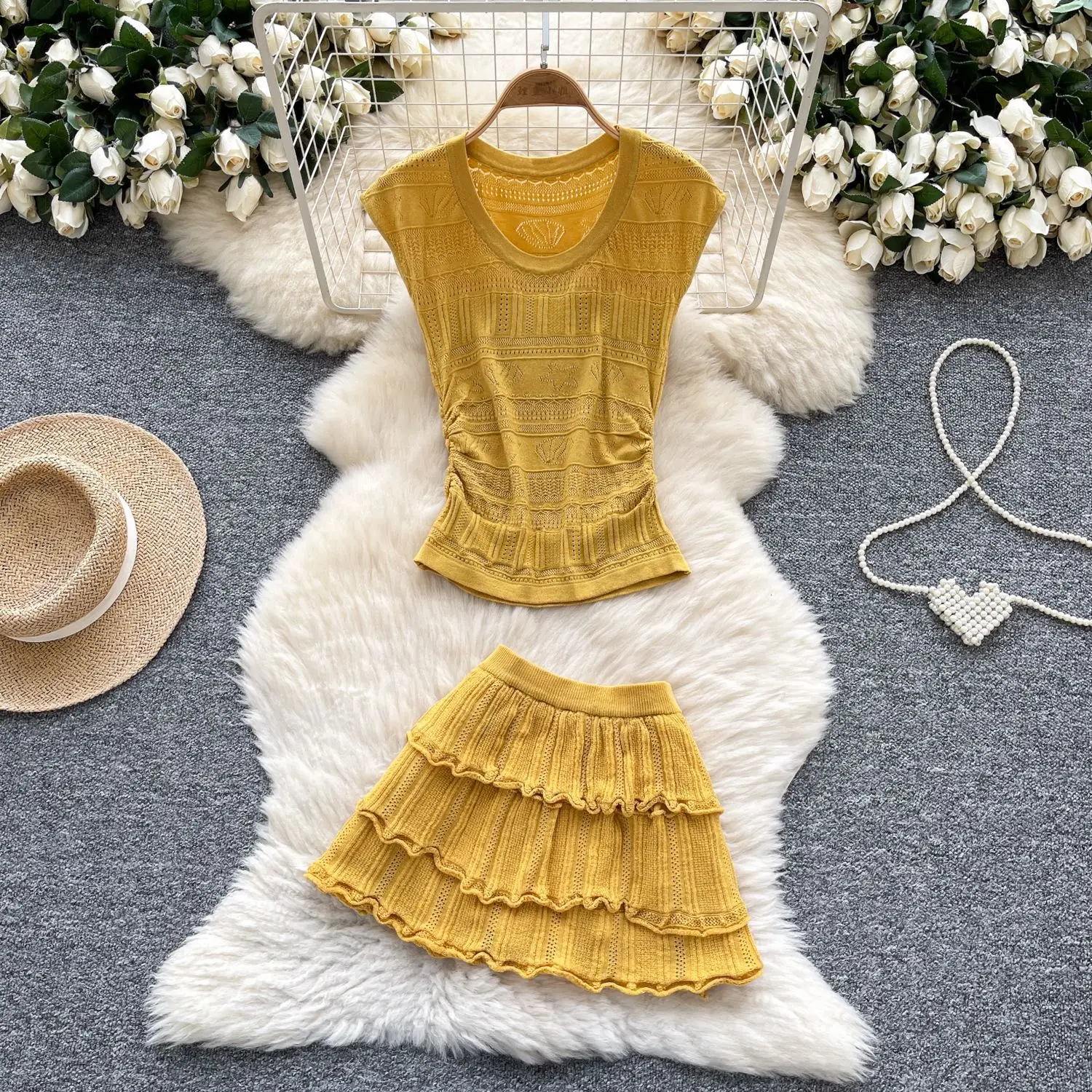 

Корейская женская летняя одежда, вязаный топ с открытой талией и нежным ветром, юбка с рюшами и высокой талией