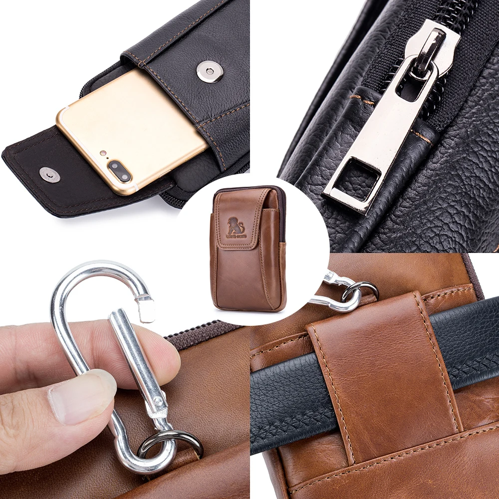 1pc Genuine Leather Mobile Phone Bag Men\'s Cowhide Waist Bag Wearable Belt Can Be Hooked Business Commuting Durable Wear-resista