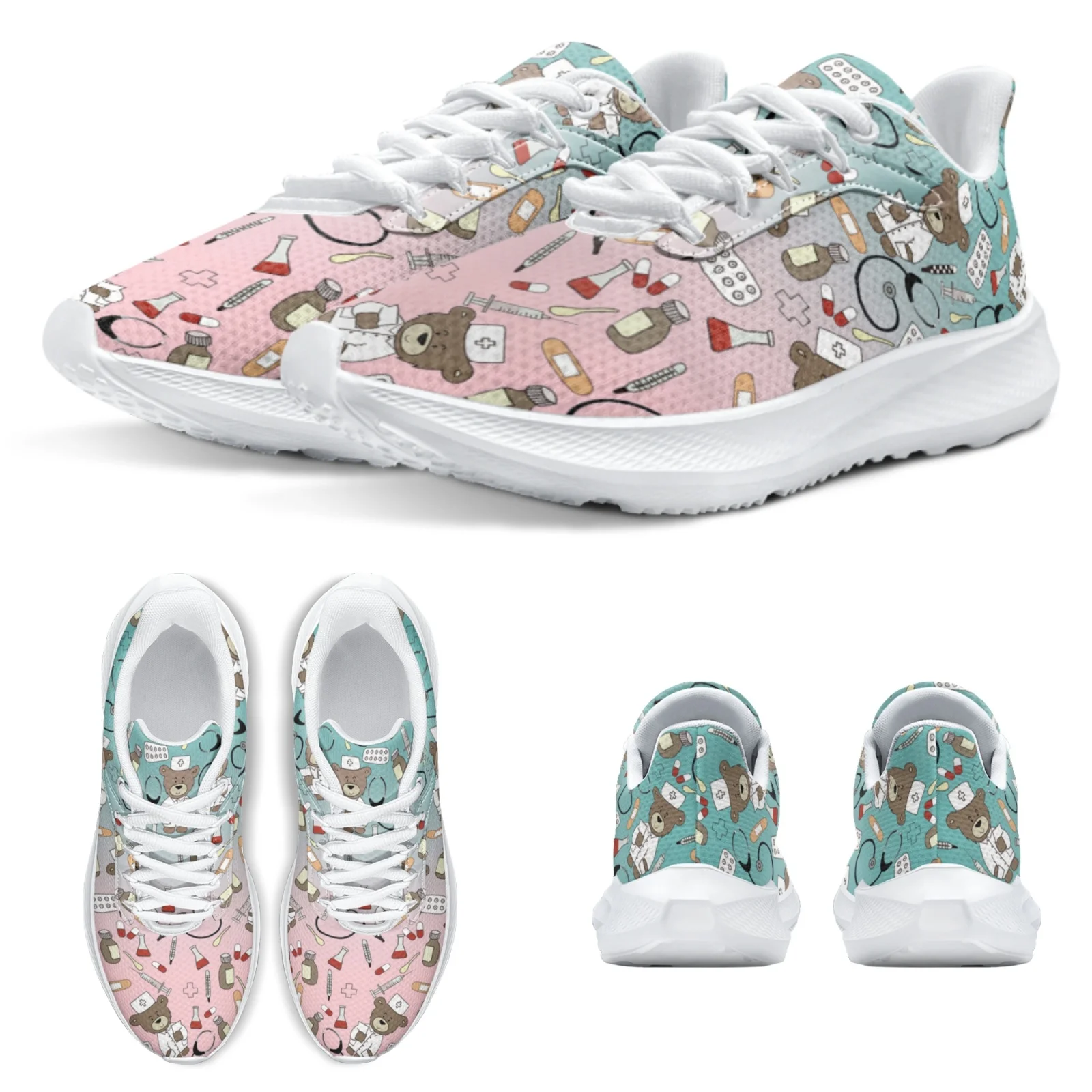 INSTANTARTS Hot Selling Cute Medical Bear Print Running Shoes Women Cute Gradient Nursing Footwear Females Gym Sneakers Zapatos