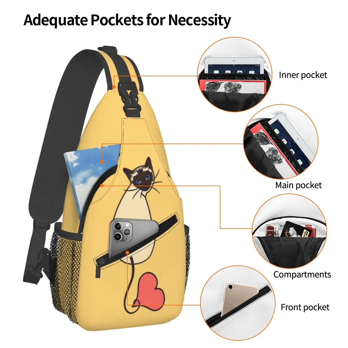 Love Siamese Cat-Yellow Chest Bag Men Sling Crossbody Backpack Chest Bag Travel Hiking Daypack Shoulder Bag