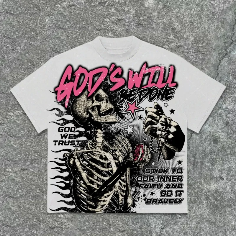 

2024 God's Will Be Done Flame Beliefs Skull Graphic T-Shirt Men Women Short Sleeve American Hip Hop Y2K Top Crew Neck Tee