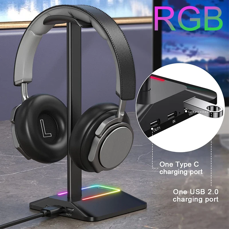 RGB Lights Headphone Stand With Type-C USB Ports Headphone Holder For All Headsets Gamers Gaming PC Earphone Accessories Desk