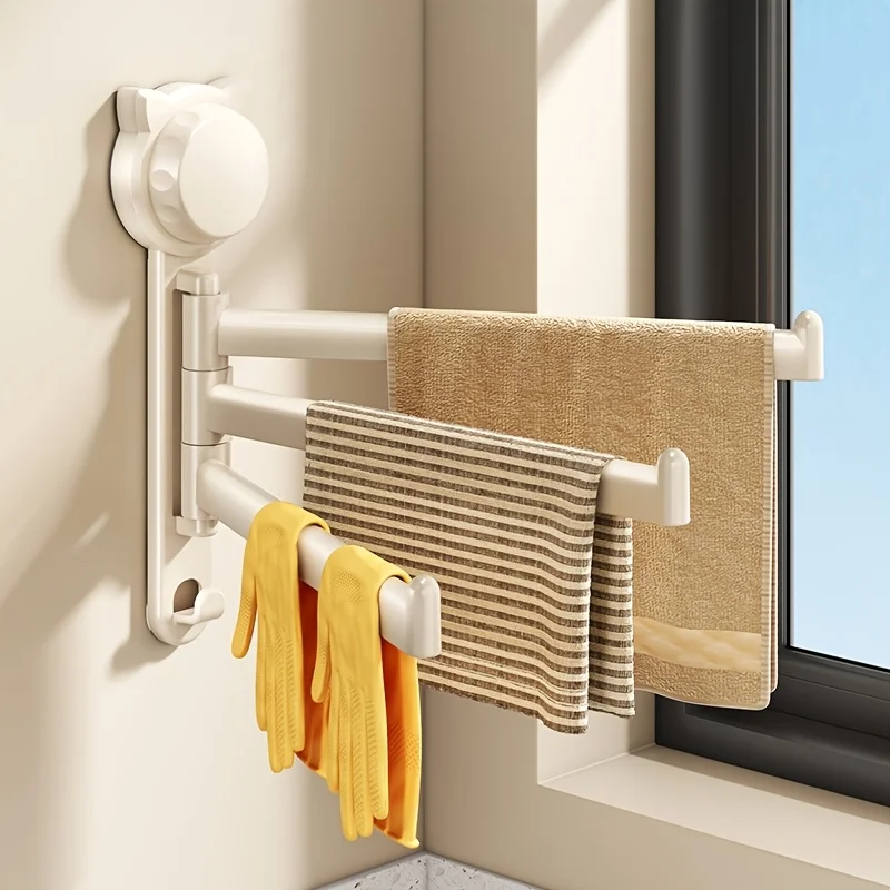 1pc Strong Suction Cup Kitchen Dish Towel Rack with 3pcs Hooks,Towel Holder, Window Sill Multi-Rod Rotatable Draining Rack