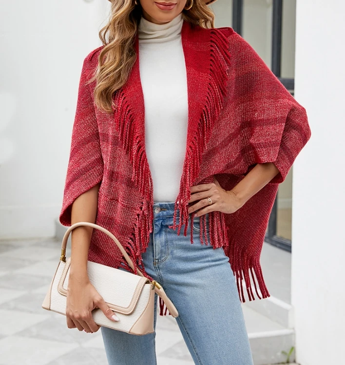 

Women's Coat Tops 2024 Winter Tassel Shawl Jacket Knitted Striped Print Bat Three Quarter Sleeve Loose Fit Cardigan Cloak