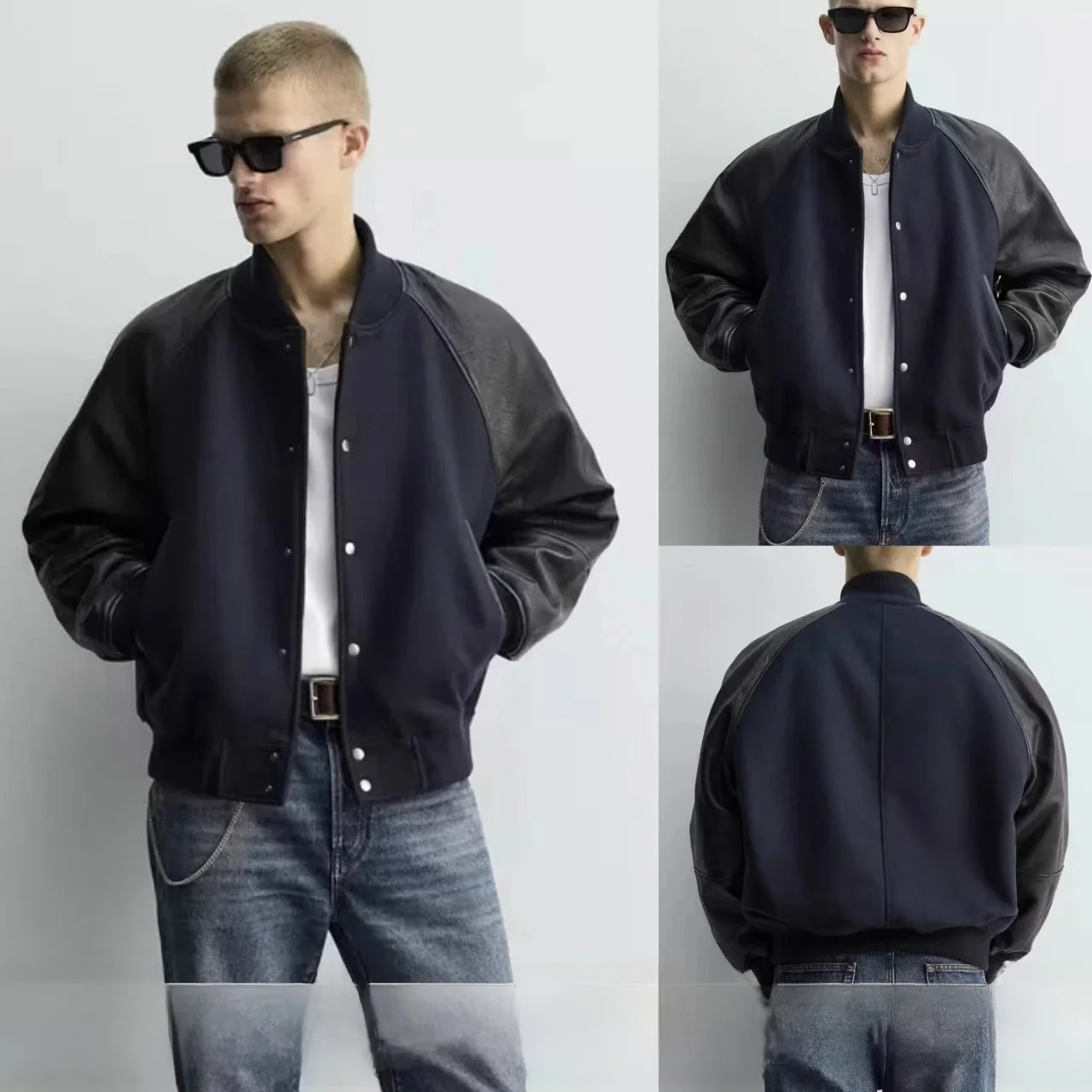 

Новая осенняя мужская кожаная куртка-пилот из шерсти, бейсбольная куртка, верхняя одежда с лоскутным дизайном, повседневная, свободного кроя, длинная куртка-пальто