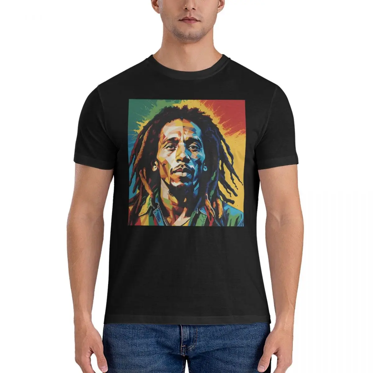 Pop-Art Portrait Men's T Shirts Bob Marley Novelty Tee Shirt Short Sleeve Crew Neck T-Shirt Cotton Classic Clothes