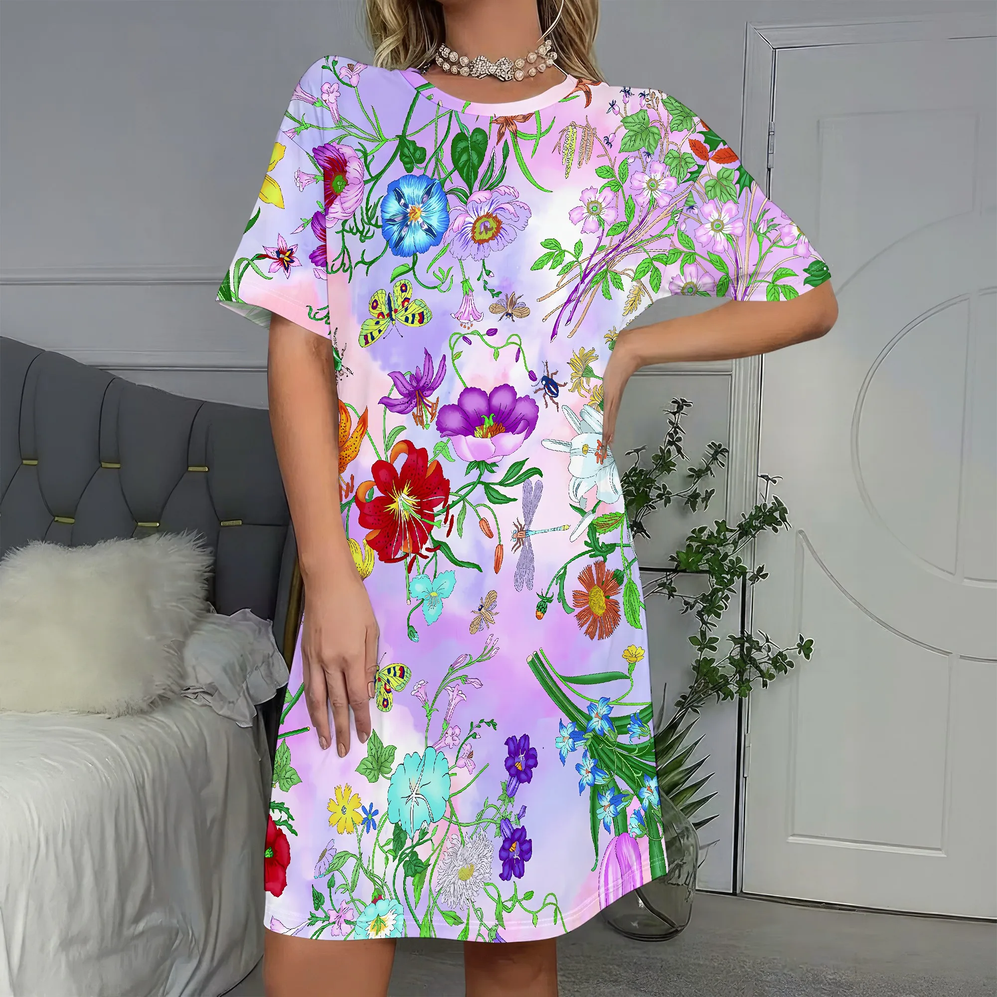 

Floral Print, Short Sleeve Dress, Vibrant Flowers, Pastel Background, Butterfly Accents, Women's Summer Wear, S-2XL