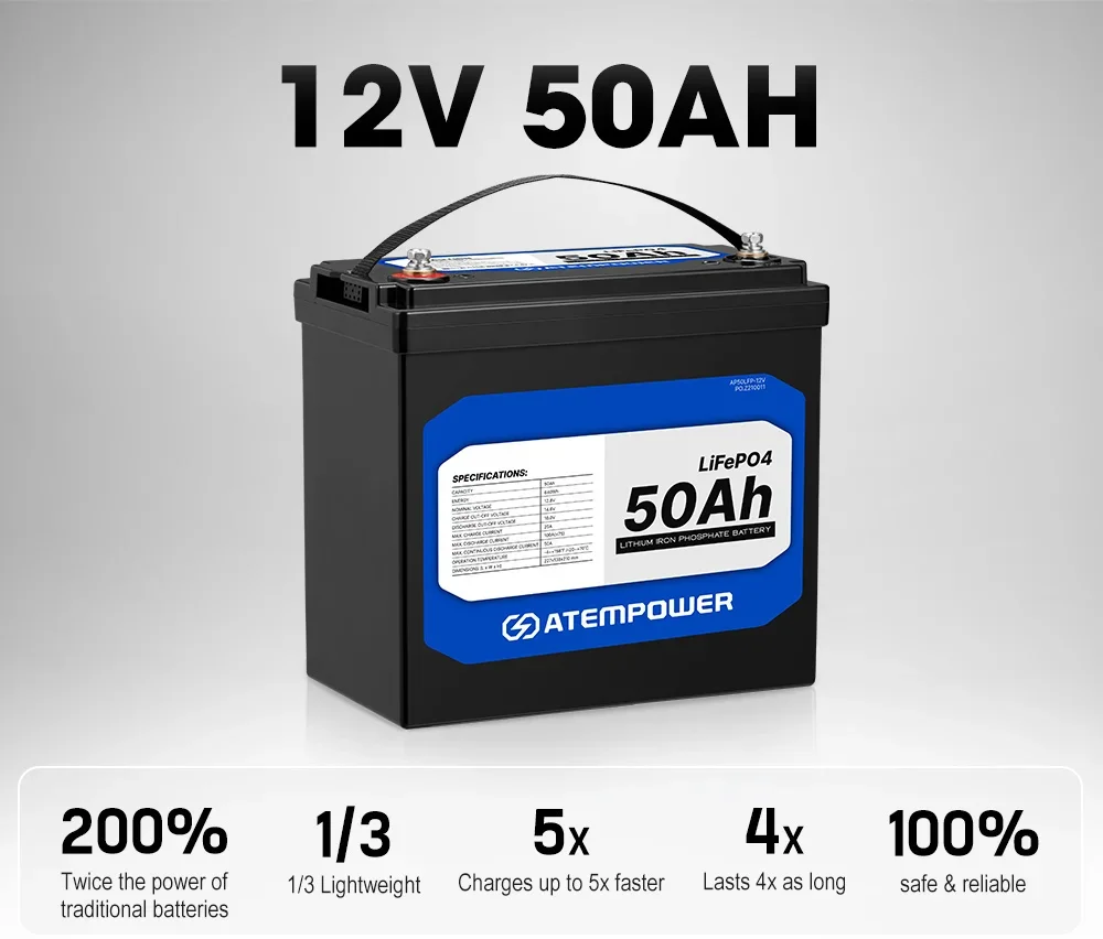 ATEM POWER Deep Cycle Marine 4WD 12V 50Ah LiFePO4 Lithium Battery