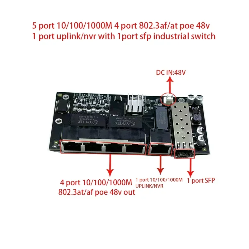 5 port 10/100/1000M 4port 802.3at/af poe in/out 48v with 1port uplink/nvr with 1port sfp  industrial switch module