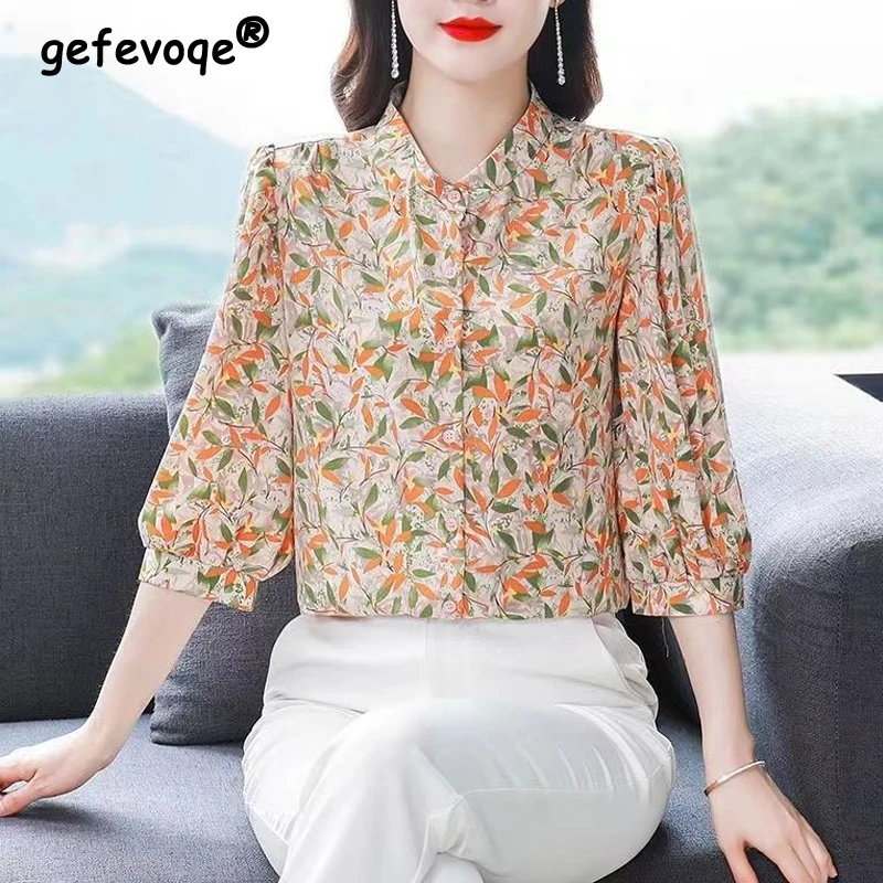 Women Floral Print Elegant Button Shirts Summer Korean Fashion Stand Collar 3/4 Sleeve Office Lady Blouse Chic Loose Tops Blusas