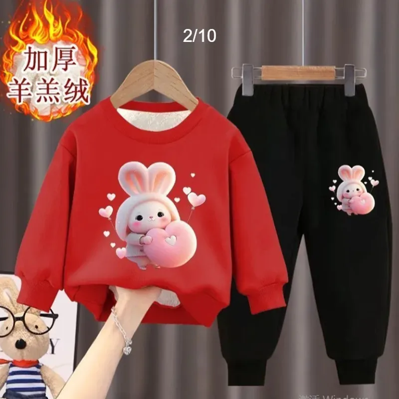 Girl's internet celebrity new little bunny stylish plush thickened hoodie two-piece set for girls and babies fashionable winter