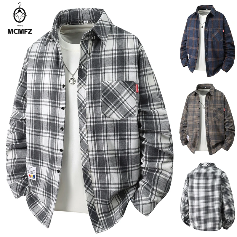 Loose Silhouette Plaid Shirt Male Turn Down Collar Chest Pocket Decoration Breathable Long Sleeve Layered Outerwear