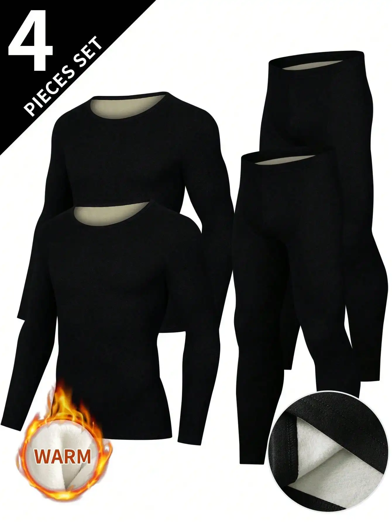 

4-Piece Black Thermal Underwear Set for Men & Youth, Long Sleeve Crew Neck Tops and Pants
