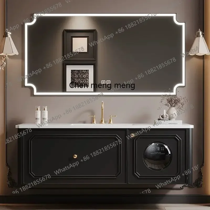 A6239 French retro washing and drying machine bathroom cabinet combination rock slab washing table oak luxury stone customizatio