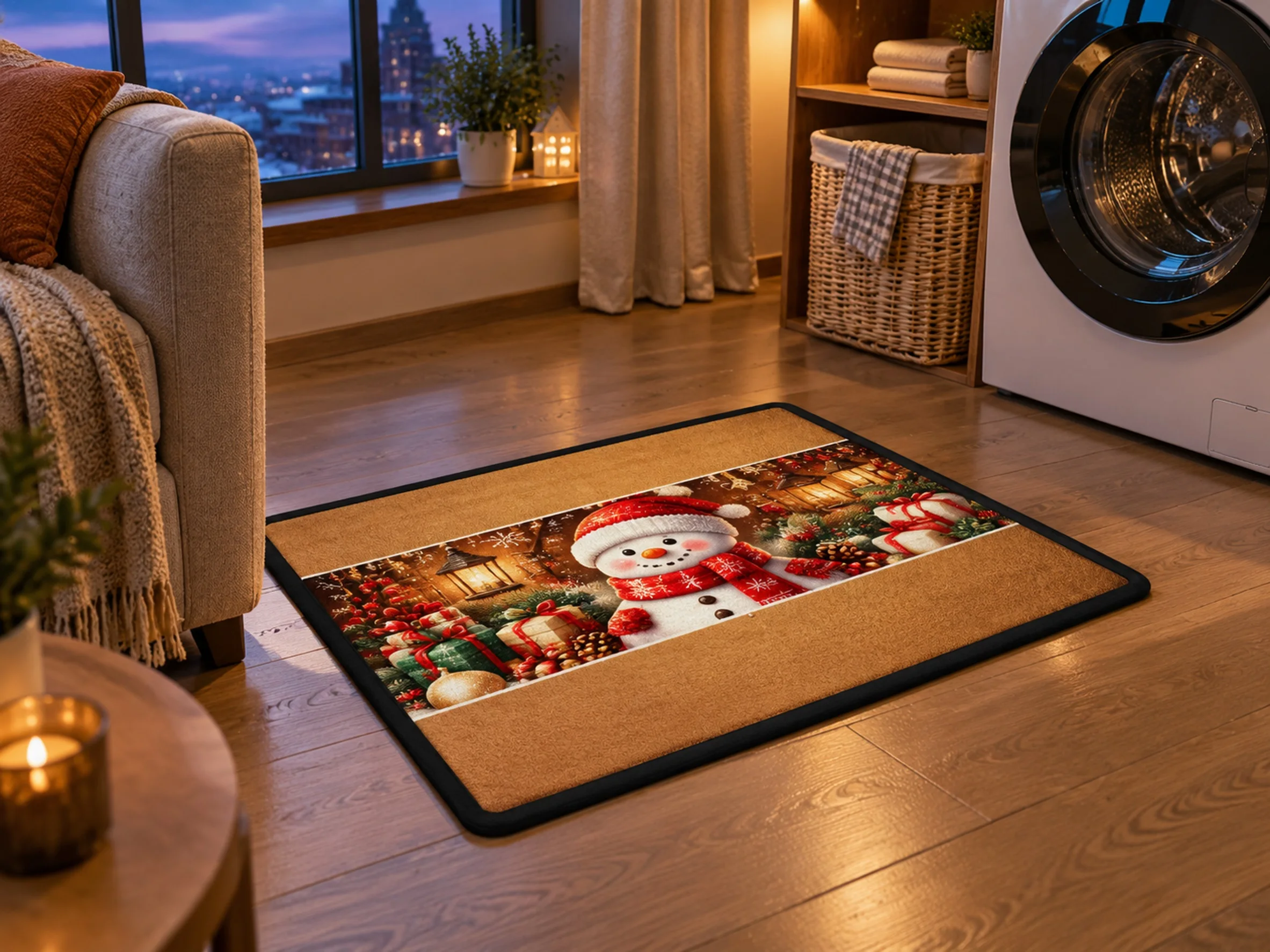 VIKAMA Christmas Amber Brown Snowman Flannel Door Mat, Memory Foam Anti-Slip Mat, Xmas Decor for Balcony, Laundry, Playroom