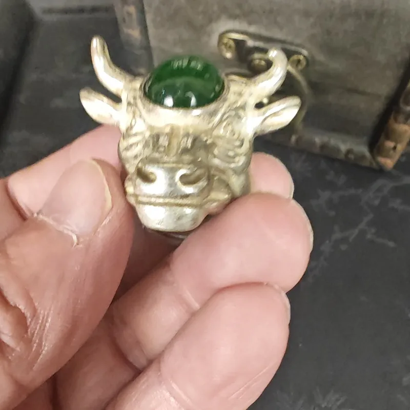 3D bull‑head carving, round imitation green jade, animal totem, vintage silver finish, unisex adjustable statement ring