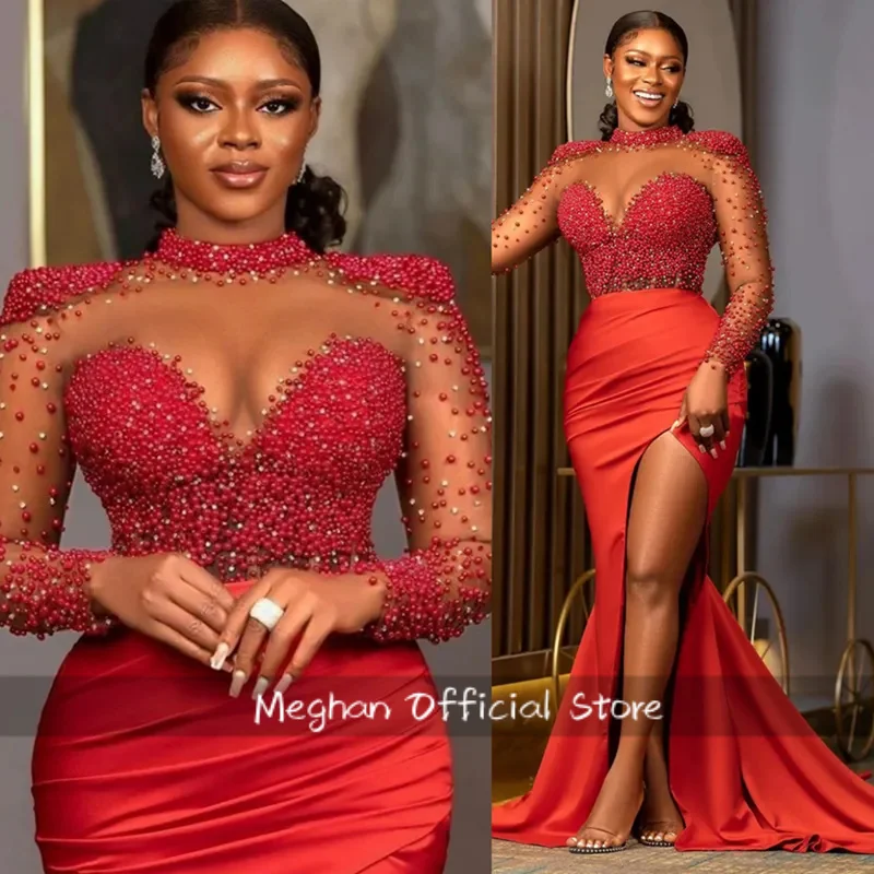 

Plus Size Red Prom Dress Evening Dresses Long Sleeves Beaded Side Split Birthday Dress Second Reception Gown Customized