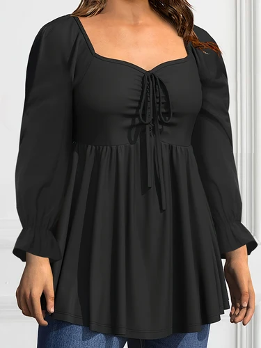 Imagen 2 del producto Camiseta de manga larga con cuello cuadrado para mujer, Top de talla grande, vendaje con cordón, plisado, elástico medio, Top informal sólido