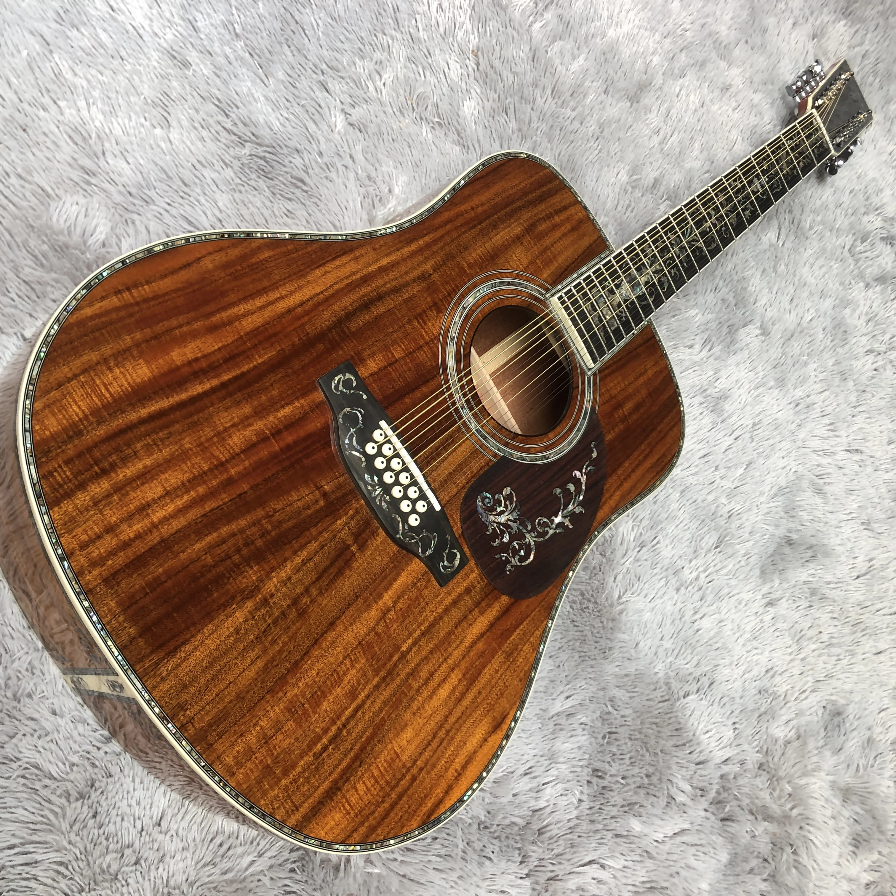 

41 inch full KOA wood abalone inlaid 12 string black finger acoustic guitar
