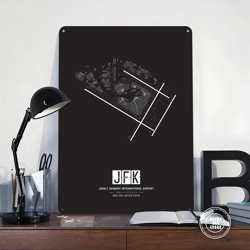 JFK مطار خريطة تين تسجيل الجدار ملصق فني خمر علامات معدنية الرجعية للديكور المنزل لوحات معدنية ديكور الحمام ديكور