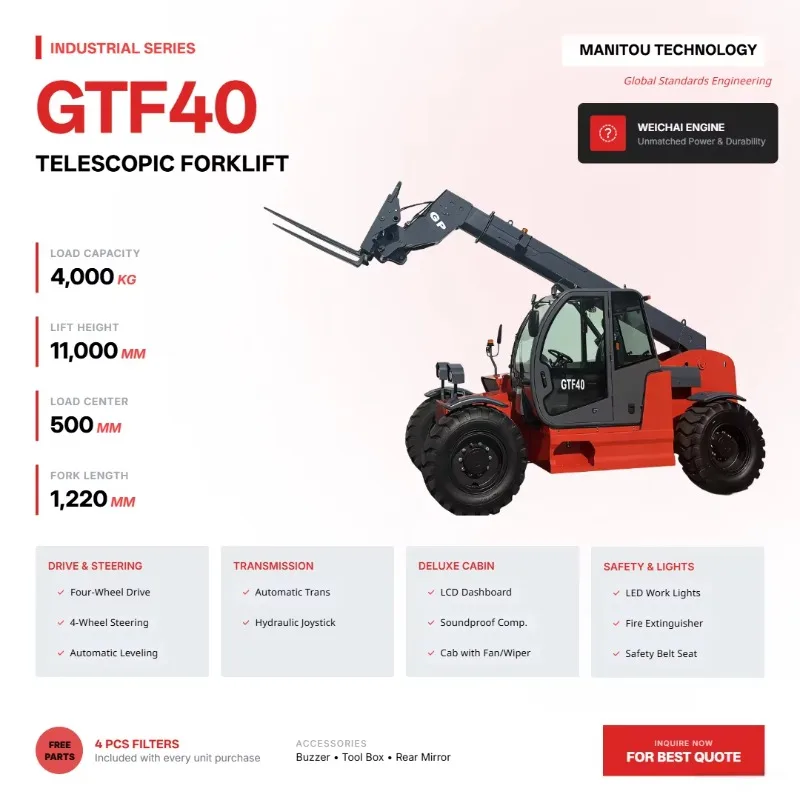 Customized 4T GTF40 Telescopic Forklift 11m Lift Weichai Power 4WD/4WS Auto Cab Manitou