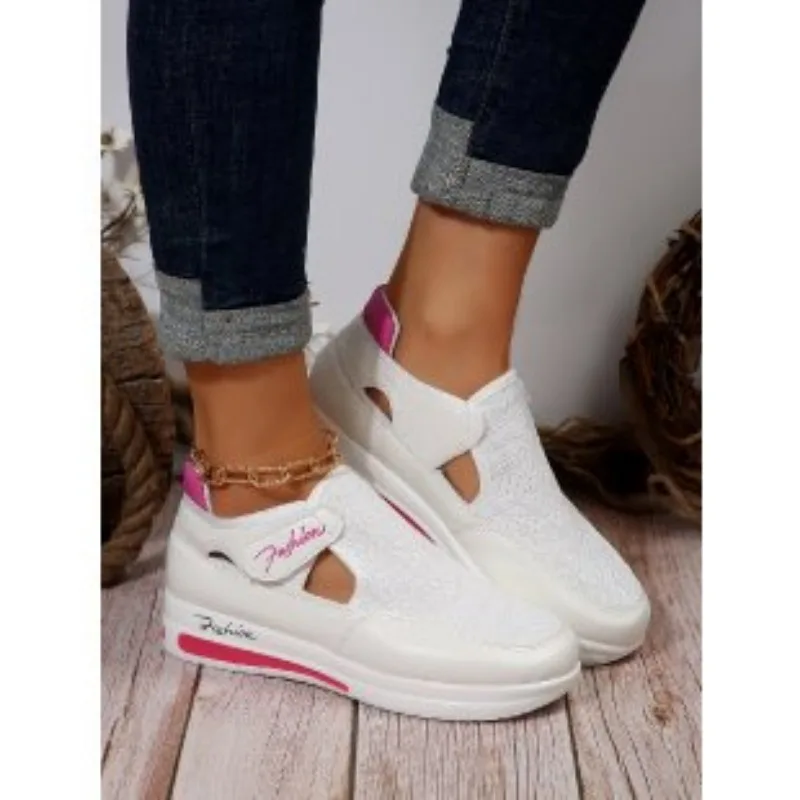 2024 Summer Large Breathable Casual Single Shoe with Slope Heel Thick Bottom Hollow Round Head Low Top Sandals for Women