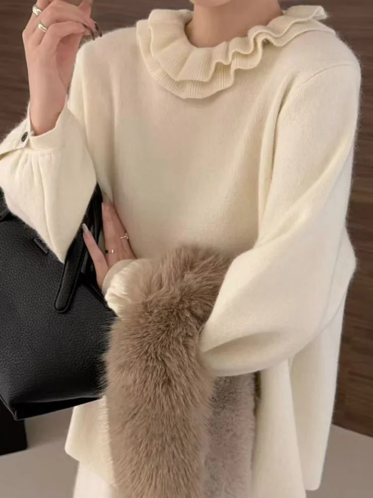 Fungus Edge Fashion Bottom Sweater Stand-Up Collar Baggy Knitted Pullovers Long Sleeved Soft Women's Casual Knitwear Sueter