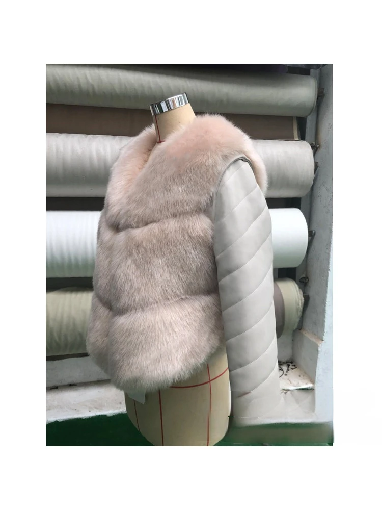 Kurtka europejska amerykańska modna miejska ze sztucznego futra, łączona ze skóry PU, złota, camel, wykwintna, elegancka, do pracy, wygodna, ciepła, na randkę