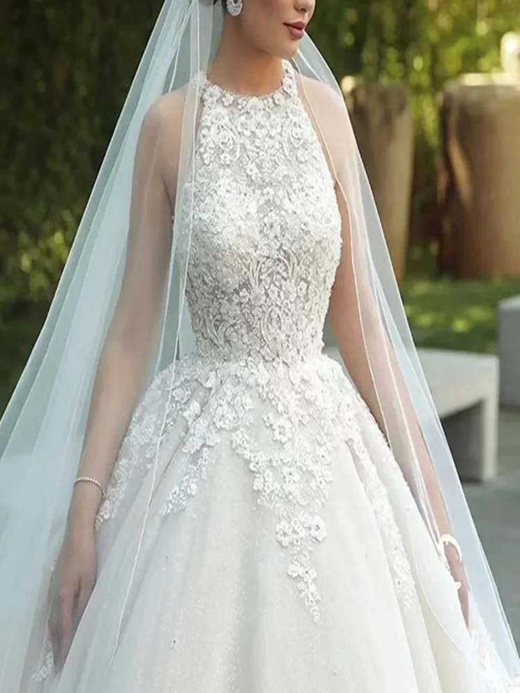 Vestidos De novia De sirena De encaje con cuello redondo, hermosos personalizados, tren capilla, Vestido De novia sin mangas, corte en A, vestidos De boda para jardín