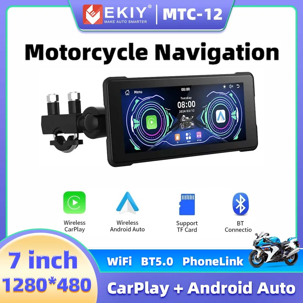 

EKIY 7 inch Motor Wireless Carplay Para Motos Car Navigation Wireless Android Auto Dual Channel BT Rear and Front Camera