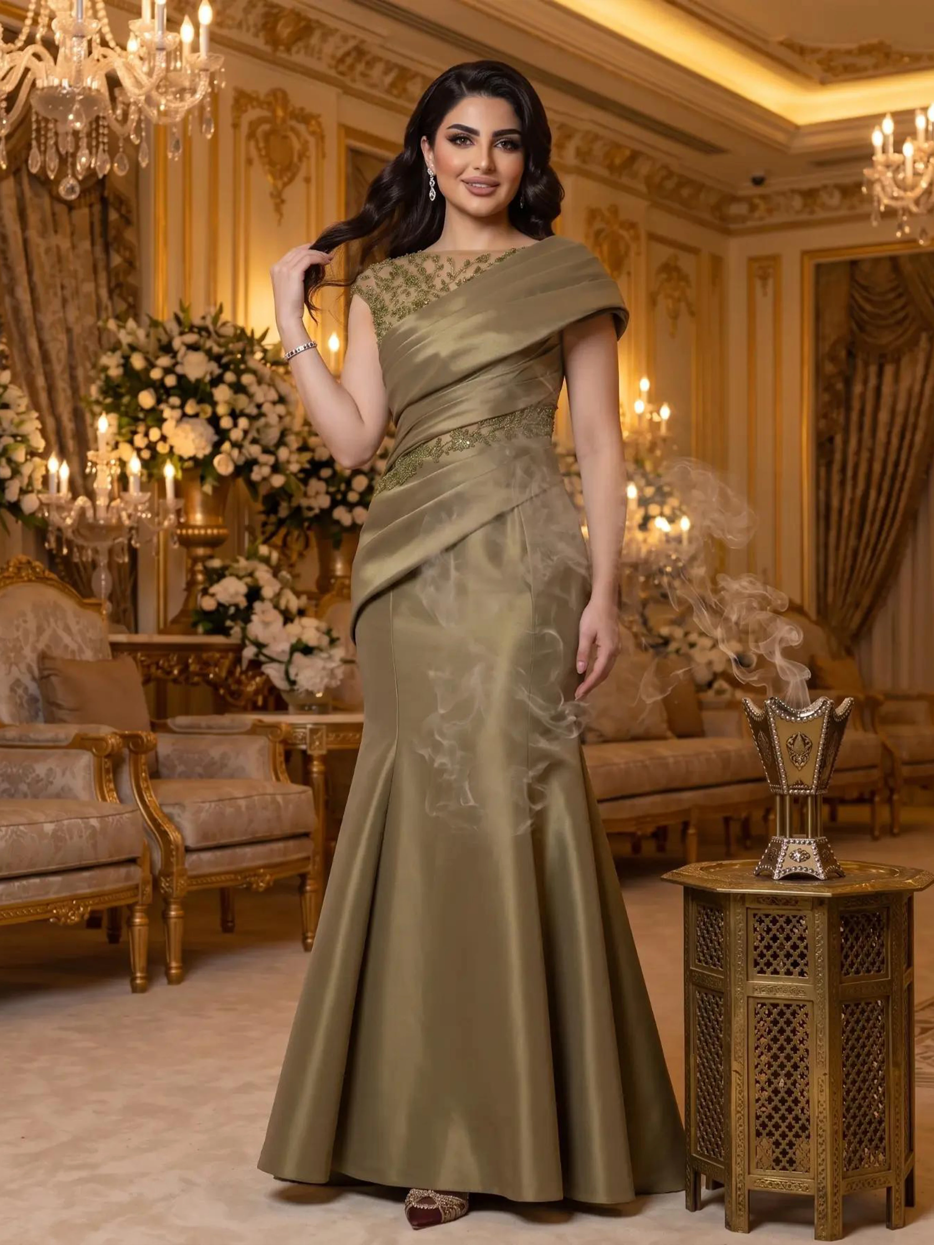 Dubai Olive Green Mermaid Evening Dresses Satin Pleated One Shoulder Beaded Lace Applique Formal Party Gown For Women Customized view 4