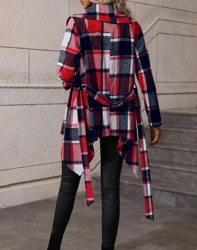 Woolen Female Coat 2023 Autumn/winter Long Sleeve Plaid Pattern Tied Detail Asymmetrical Coat Slim Waist Overcoat Y2K Streetwear