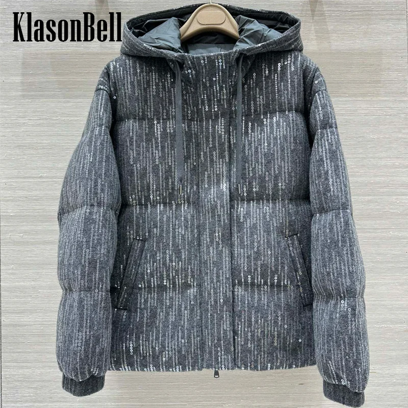 9.28 KlasonBell Women's Classic Sequins Embroidery Cashmere Short Bread Outerwear Goose Down Hooded Keep Warm Jacket