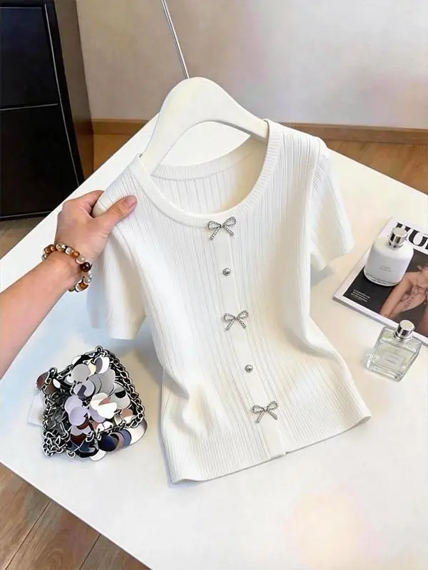 

Ice Silk Short Sleeve T-Shirt Women Summer round Neck Knot Top Slimming Korean Style Knitted Breathable Commute Wear