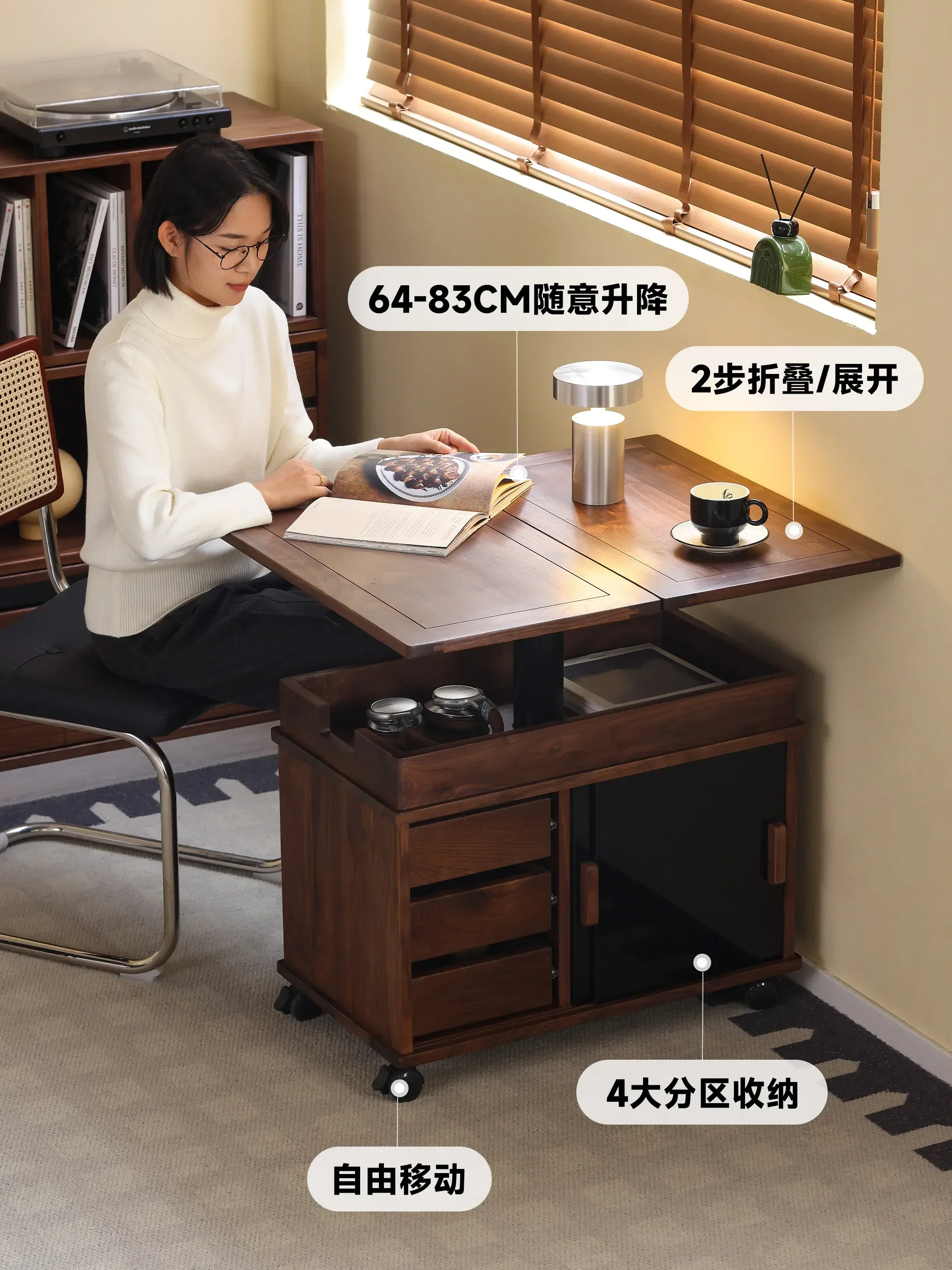y9.3-Lifting coffee table Solid wood folding movable trolley Small apartment sofa side table