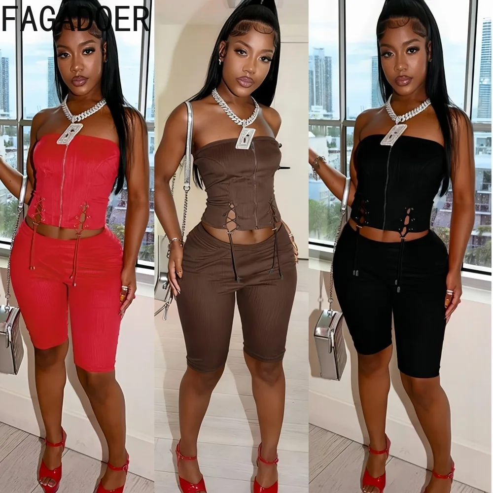 FAGADOER مثير الرباط المرقعة امرأة 2 قطعة مجموعة الزي البريدي أكمام عارية الذراعين المحاصيل الأعلى + السراويل مطابقة الإناث الشارع الشهير #1