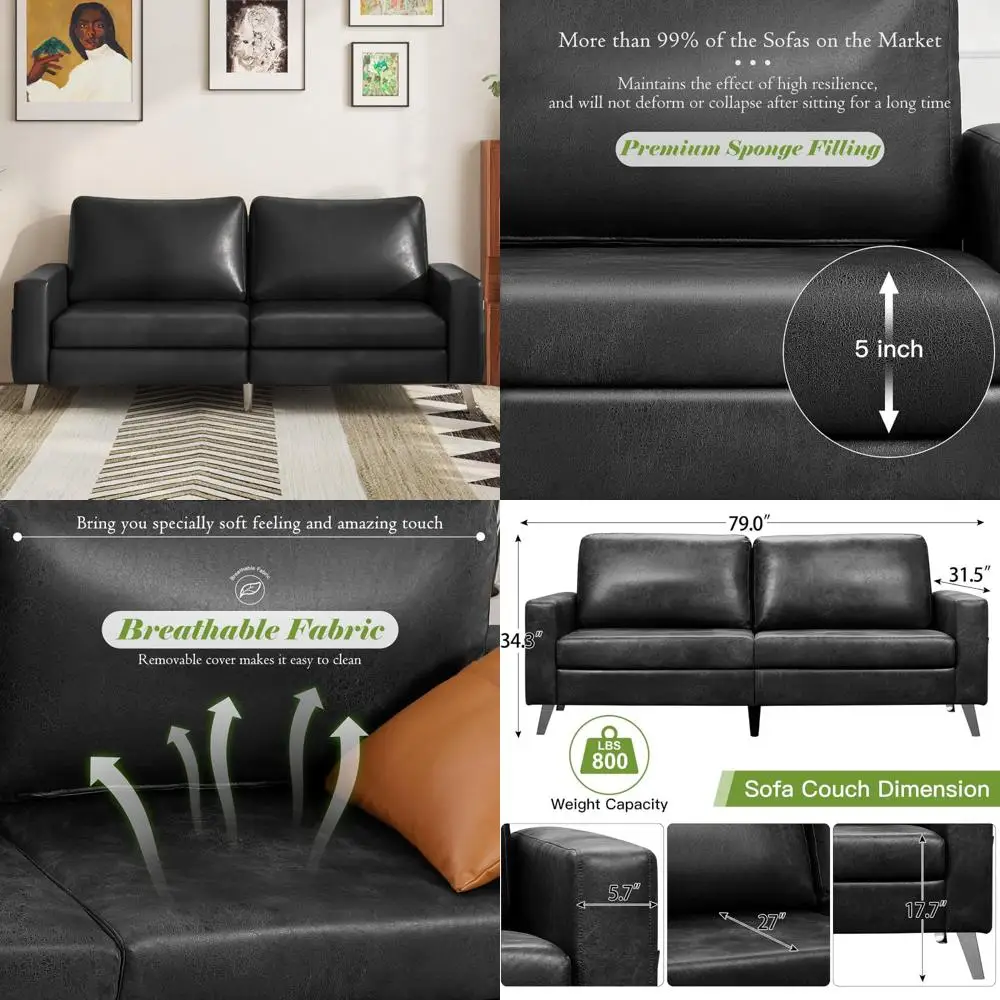 

Black Modern Faux Leather Loveseat Sofa for Small Living Room and Apartment Office