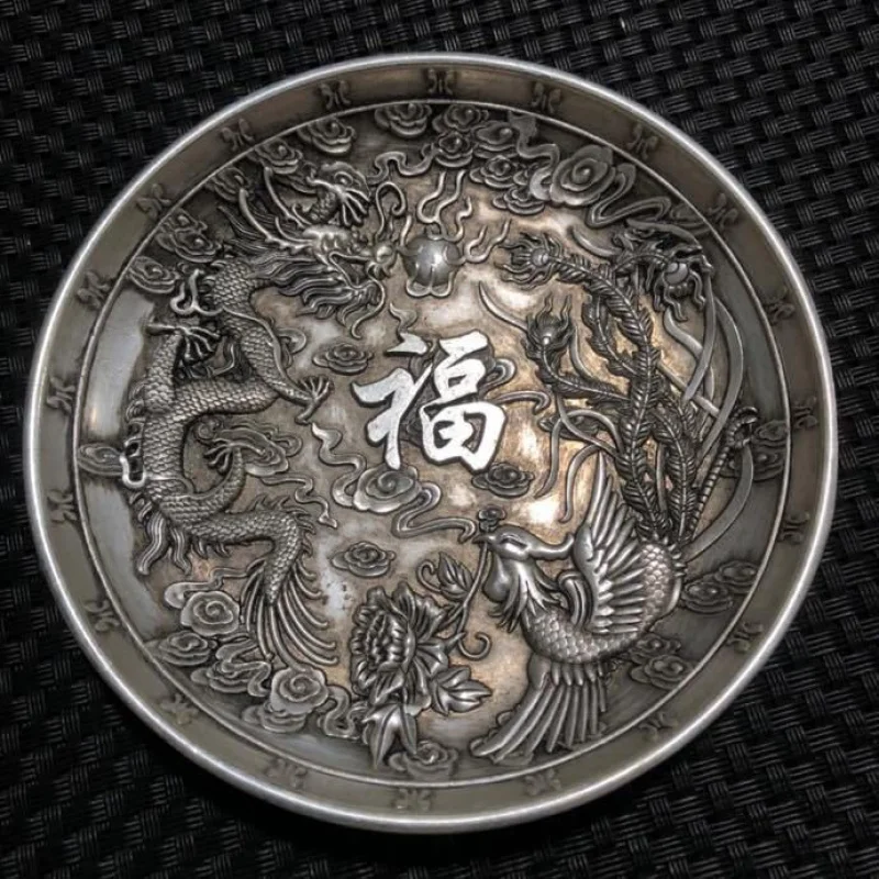 Antique Copperware Silverware White Copper Silver-Plated Plate Silver Dish Dragon and Phoenix Craft Copper Silver-Plated Plate D