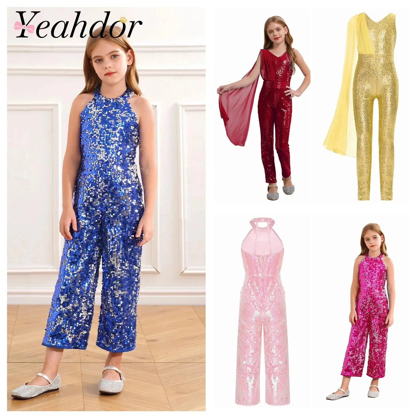 

Fashion Girls Sequin Party Jumpsuit Bodysuit Sleeveless Rompers Birthday Wedding Party Evening Dance Stage Performance Costumes
