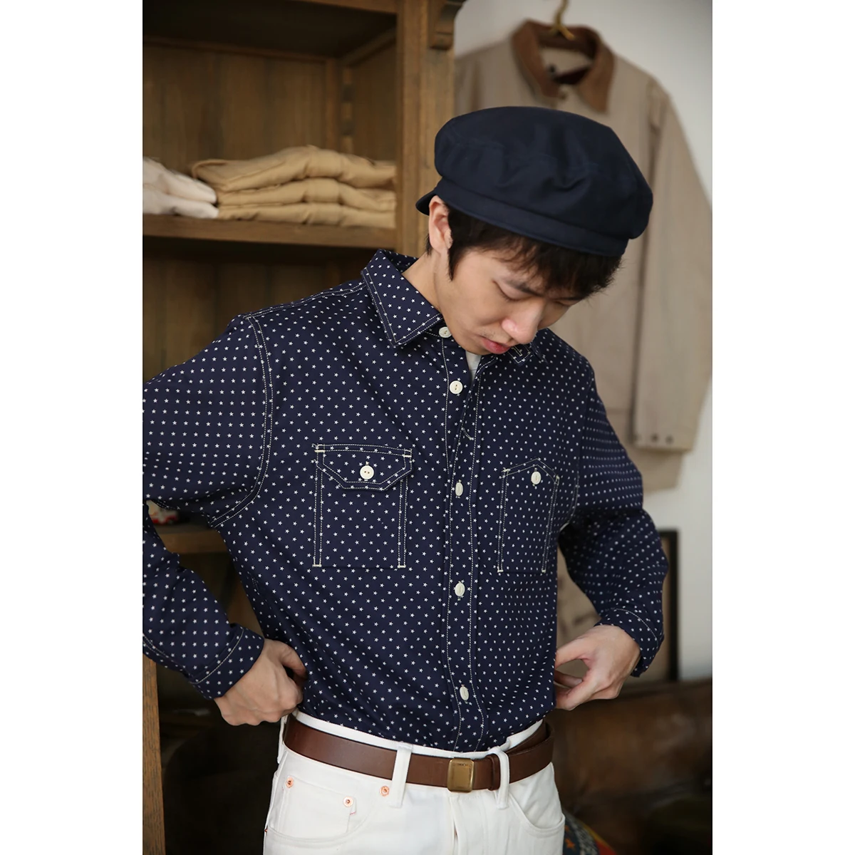 BOB DONG Wabash Star Print Work Shirt Indigo Vintage Inspired Long Sleeve Shirt