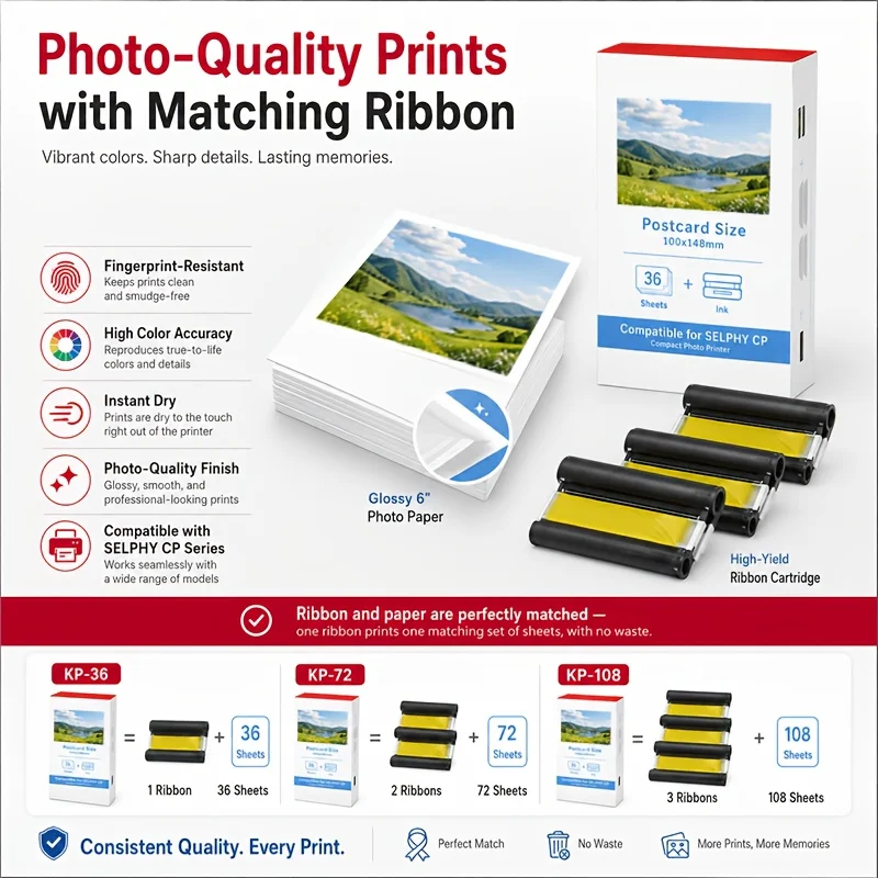 KP-108IN 4x6 Photo Paper Color Ribbon Kit 36 72 108 Sheets Compatible for Canon SELPHY CP1500 CP1300 CP1200 CP1000 Postcard view 6