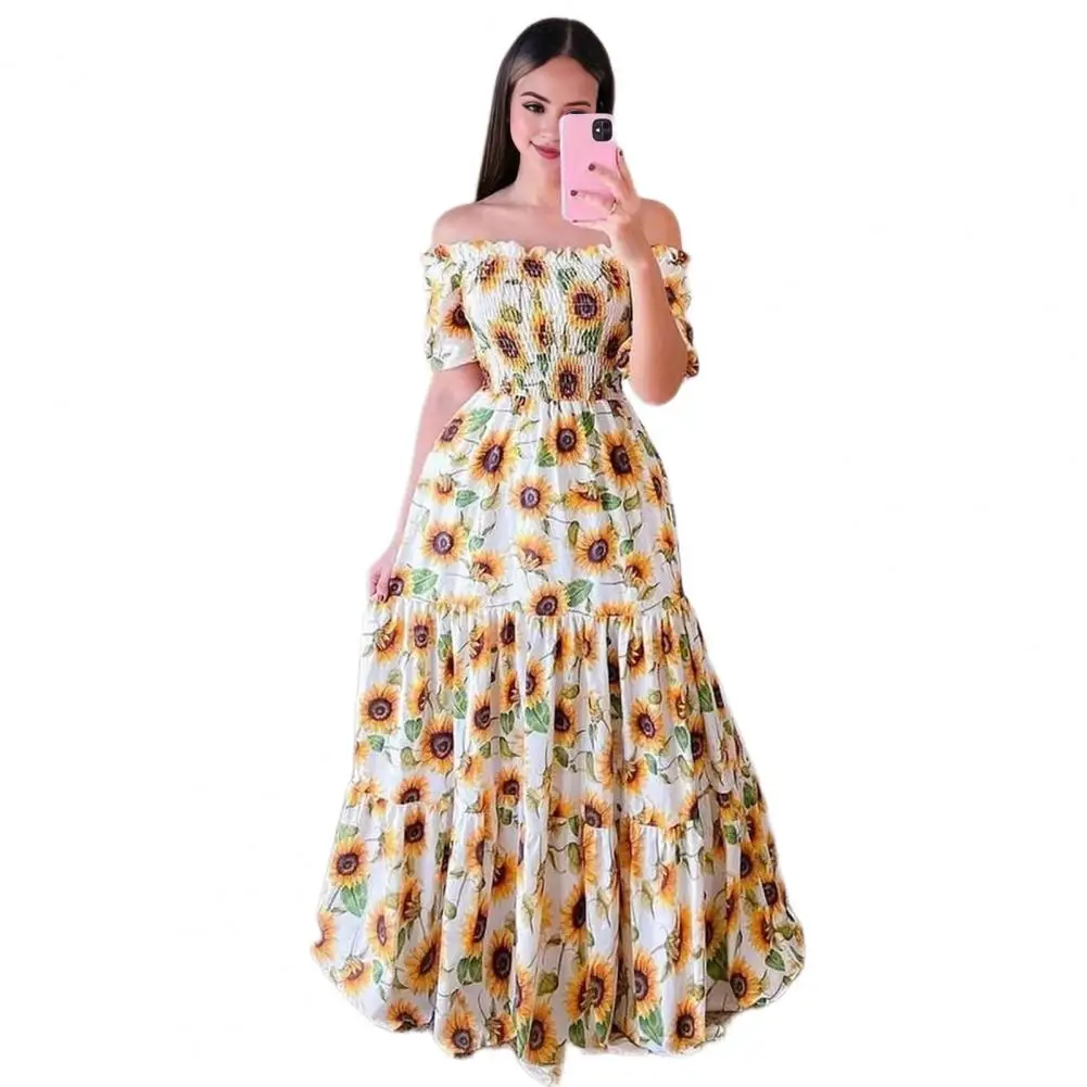 

A-line Maxi Dress Elegant Floral Print Off Shoulder Evening Dress with Pleated A-line Design Backless Detail for Summer Parties