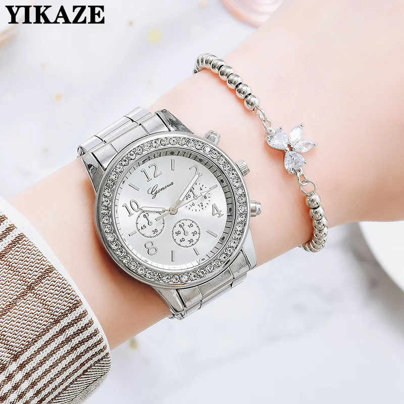 YIKAZE Women\'s Watch Stain Steel Strap Women Quartz Watches Waterproof Rhinestone Gold Watch Retro Ladies Bracelet Wristwatch