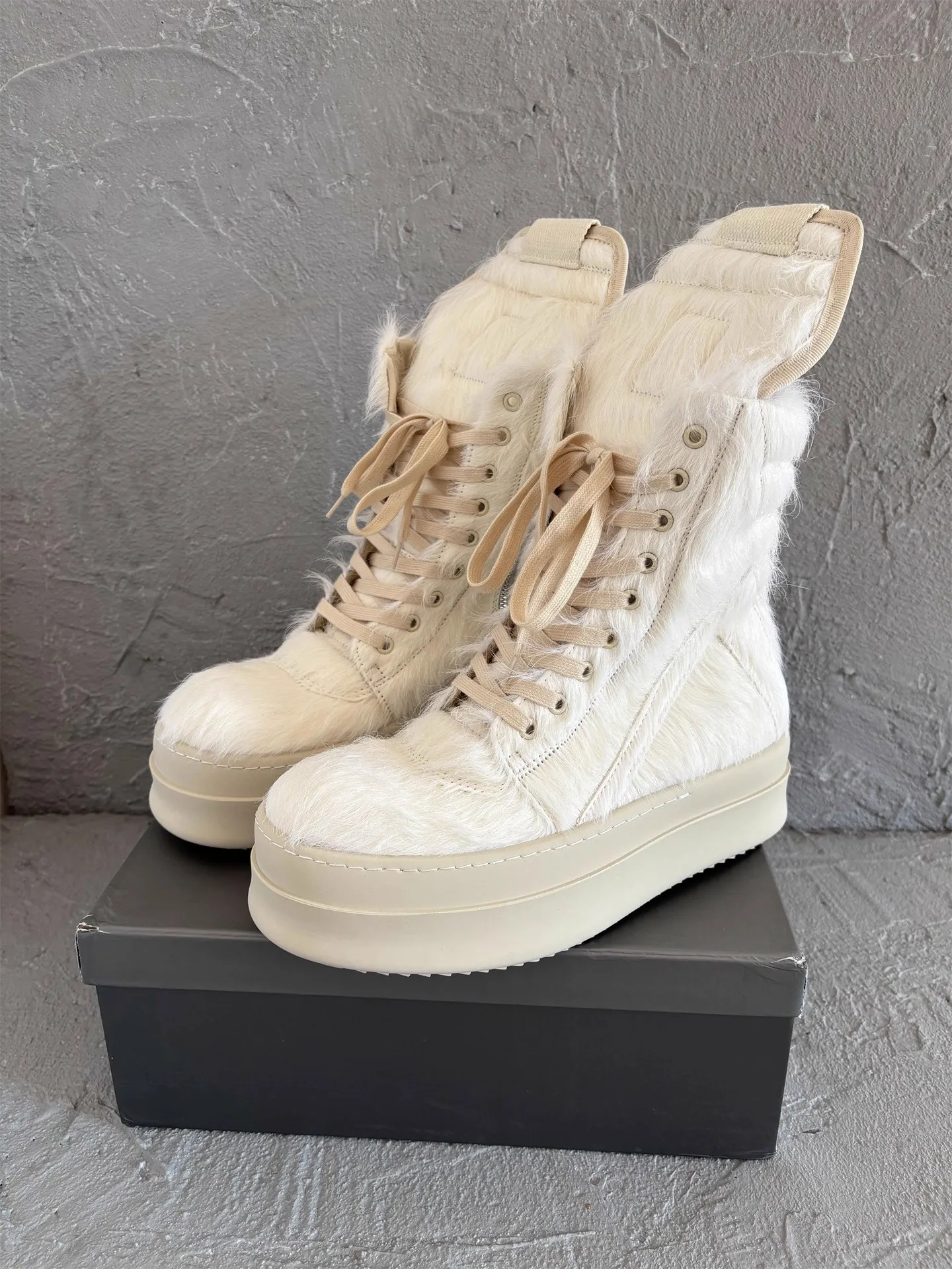 

Men Boots Horsehair Genuine Leather Mid-Calf Women Ankle Shoes Owens Platform Increase Thick Sole 6 Cm Vintage Designer Shoe