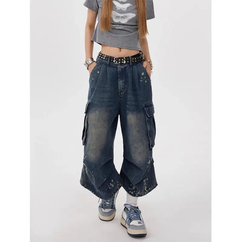 Vintage-Jeansshorts für Damen im Retro-Stil, gewaschen, Arbeitskleidung, mit mehreren Taschen, plissiertes Design, lockere, drapierte Caprihose