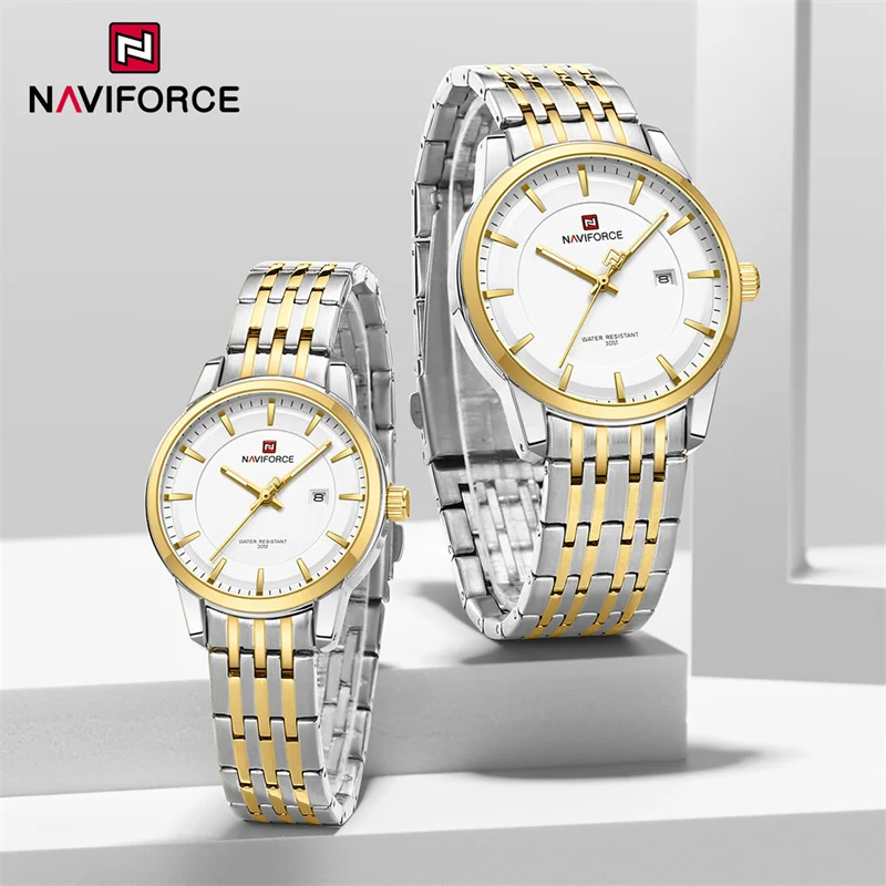 NAVIFORCE-Relógio de Pulso Quartzo Masculino e Feminino, Relógios Simples, Impermeável, Calendário, Aço Inoxidável, Band Clock, Fashion Brand, Casal