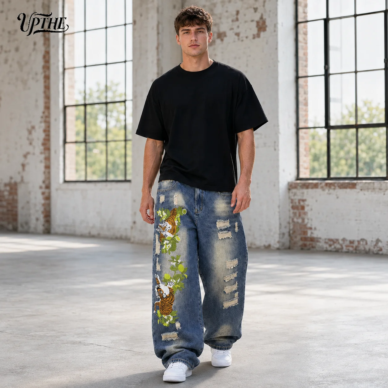 UP.THE Oversized Baggy Jeans for Men, Retro Gradient Washed Distressed Ripped Denim Pants, Jungle Tiger Floral Embroidery Y2K Streetwear Wide Leg Jeans, Skate Hip Hop Loose Denim Trousers for Teen Boys Daily Outfits view 3