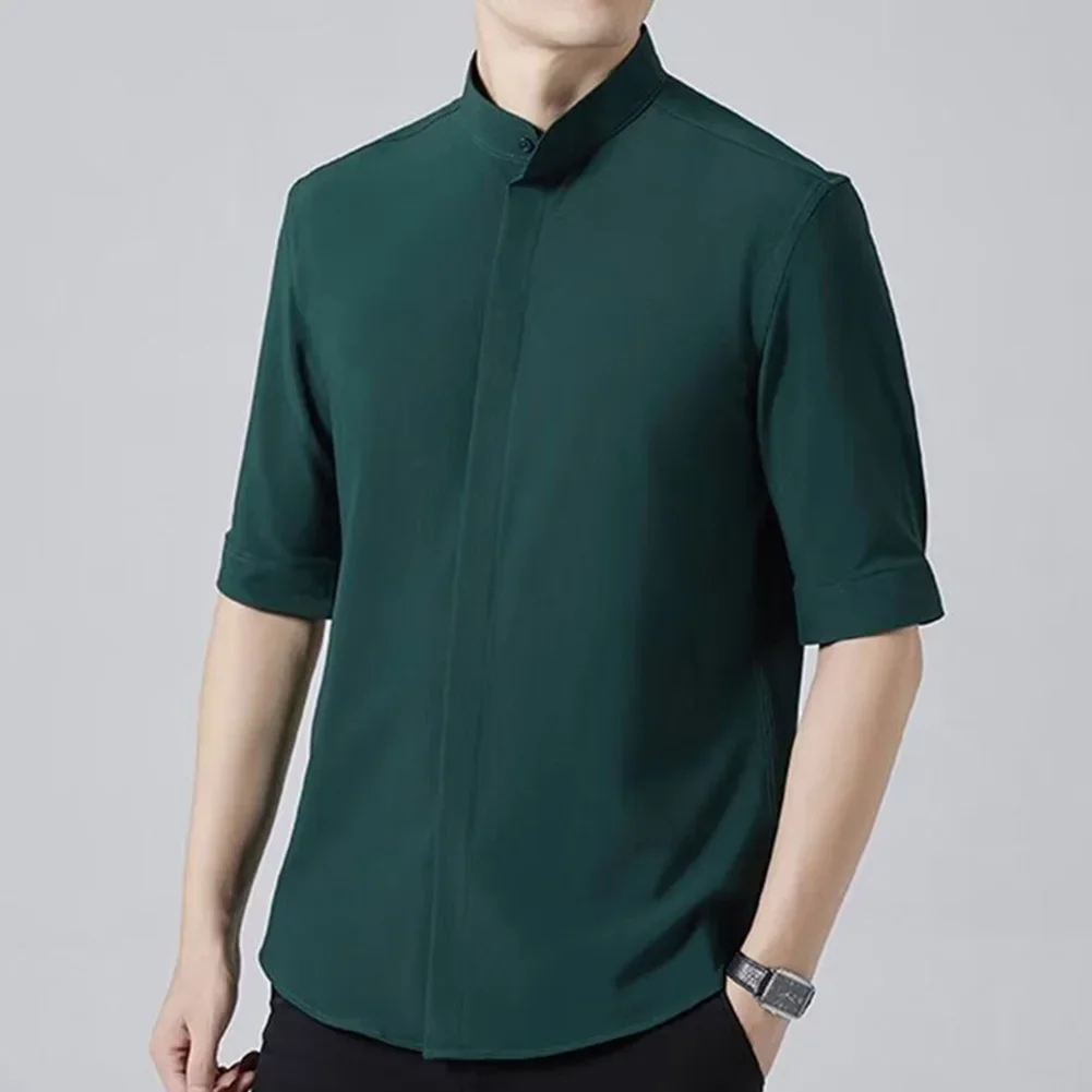 Casual Outings Everyday Activities L Slim Fit Ice Silk Shirt Ice Silk Casual Shirt Mid Sleeve Casual Top Stand Collar Style