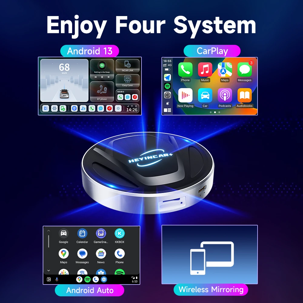 2024 HEYINCAR CarPlay AI Box Android 13.0 QCM SM6225 8-Core Wireless Android Auto CarPlay Adapter 64G 128G FOTA Upgrade Car Play