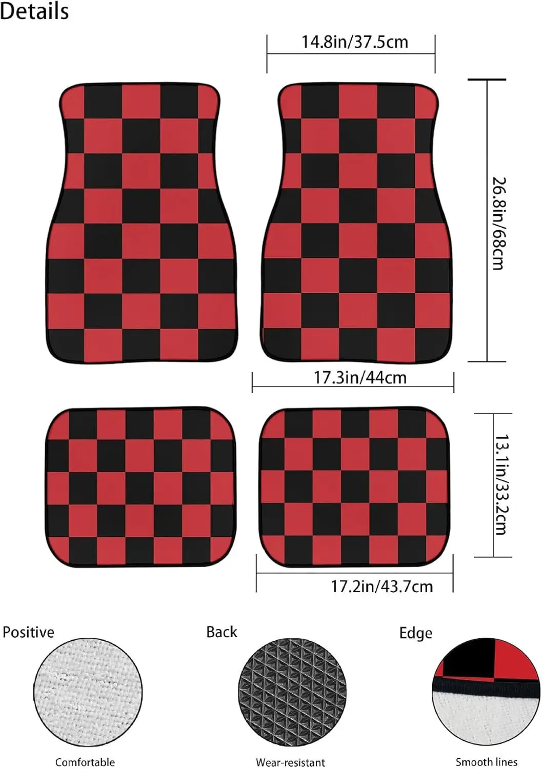 Checkered Car Floor Mats Set of 4,Geometric Plaid Pattern Black&Red Vehicle Front Rear Carpets,Auto Car Decor Accessories